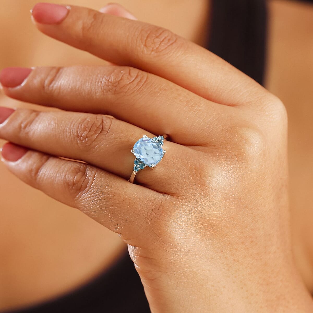 Sky Blue Topaz and Signity Pariaba Topaz 3.90 ctw Ring in Platinum Over Sterling Silver (Size 8.0) image number 2