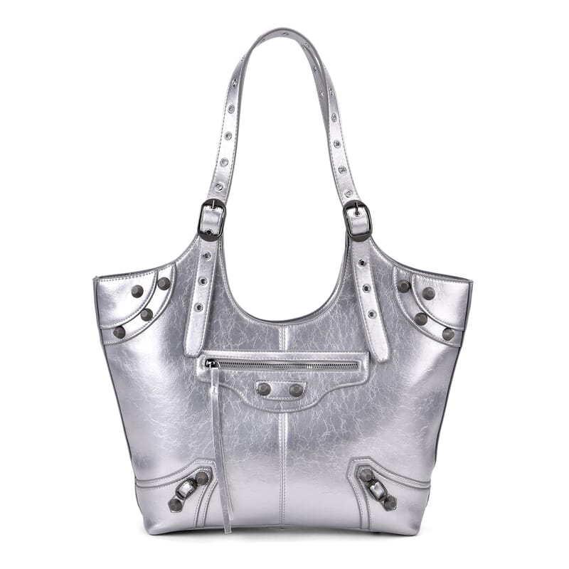 Silver Fashion Forward Faux Leather Rivet Tote Bag with Top Double Handle
