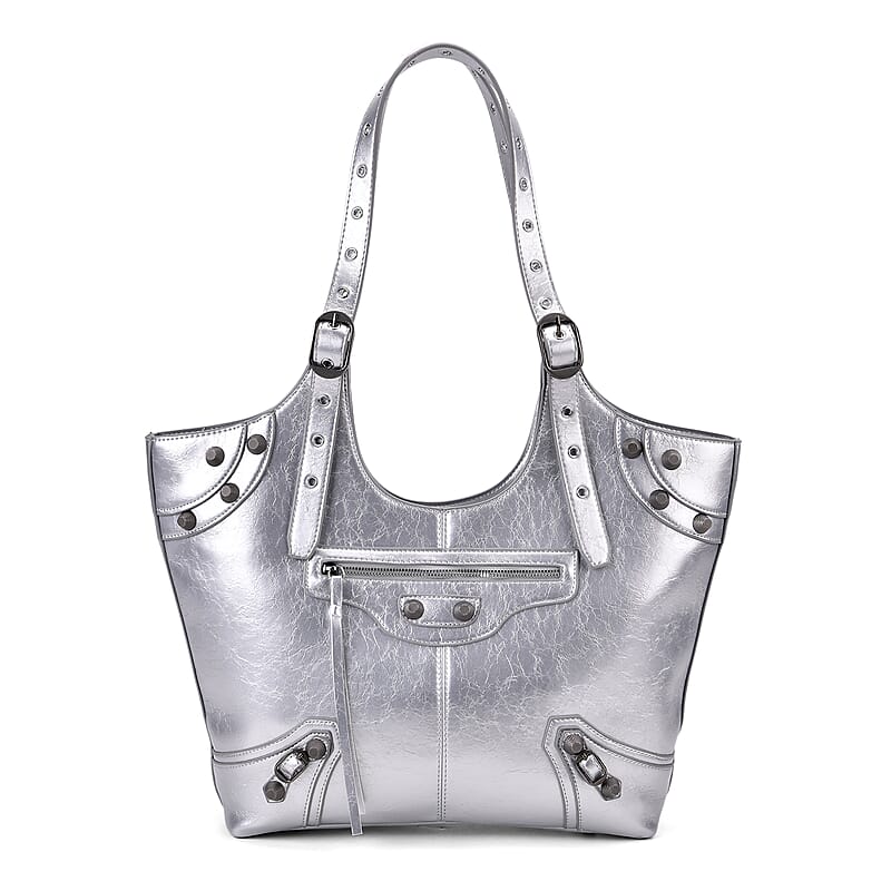Silver Fashion Forward Faux Leather Rivet Tote Bag with Top Double Handle
