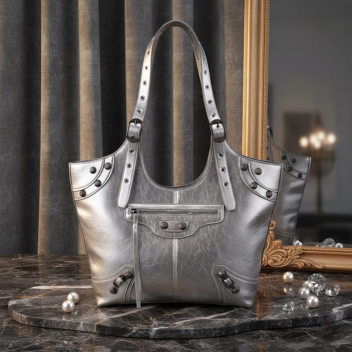 Silver Fashion Forward Faux Leather Rivet Tote Bag with Top Double Handle image number 1