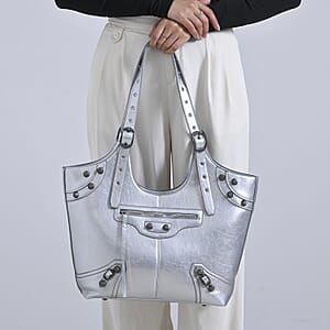 Silver Fashion Forward Faux Leather Rivet Tote Bag with Top Double Handle