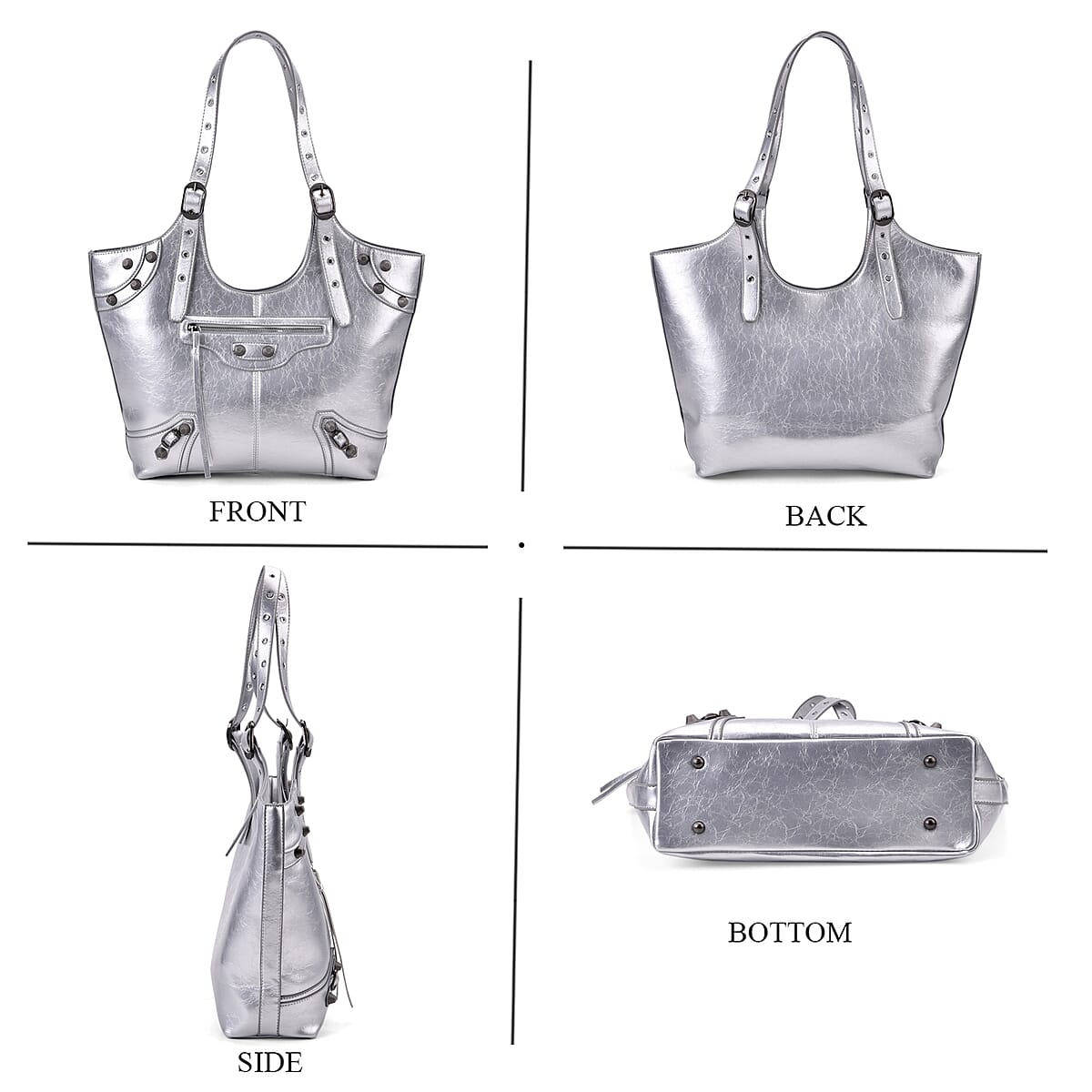 Silver Fashion Forward Faux Leather Rivet Tote Bag with Top Double Handle image number 4