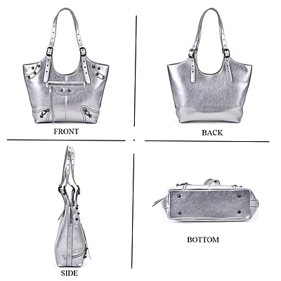 Silver Fashion Forward Faux Leather Rivet Tote Bag with Top Double Handle