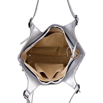 Silver Fashion Forward Faux Leather Rivet Tote Bag with Top Double Handle