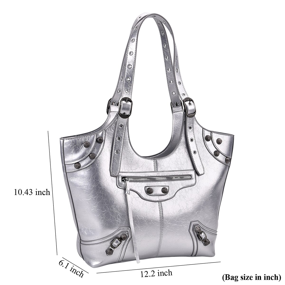 Silver Fashion Forward Faux Leather Rivet Tote Bag with Top Double Handle image number 7