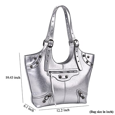 Silver Fashion Forward Faux Leather Rivet Tote Bag with Top Double Handle