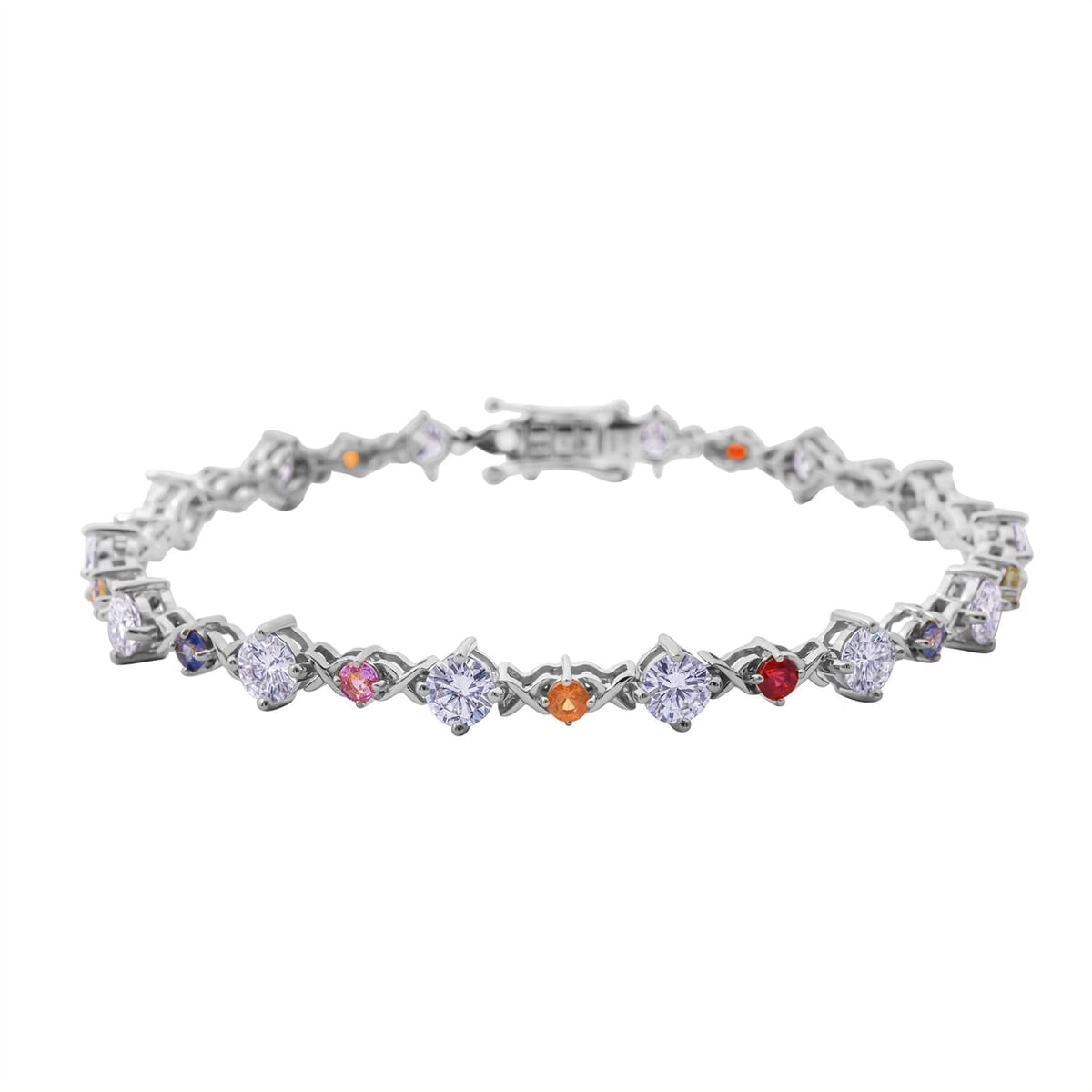 Moissanite (Rnd 5mm), Multi Sapphire Art Deco Bracelet in Rhodium Over Sterling Silver (6.50 In) 6.80 ctw image number 0