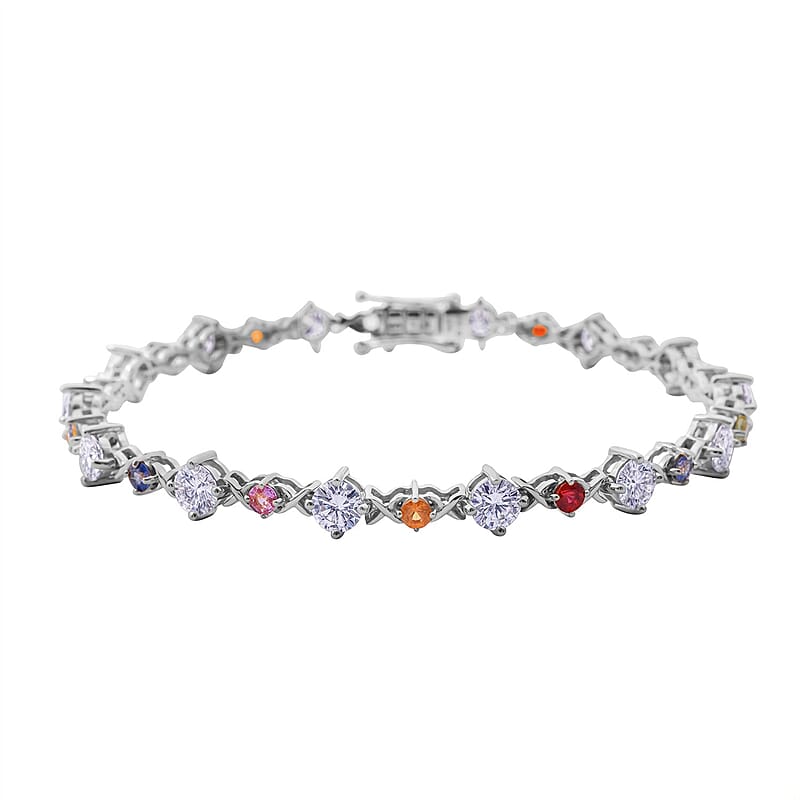 Moissanite and Multi Sapphire 6.80 ctw Art Deco Bracelet in Rhodium Over Sterling Silver (6.50 In)