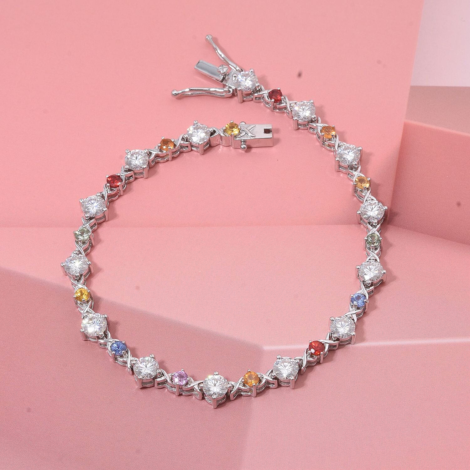 Moissanite and Multi Sapphire 6.80 ctw Art Deco Bracelet in Rhodium Over Sterling Silver (6.50 In)