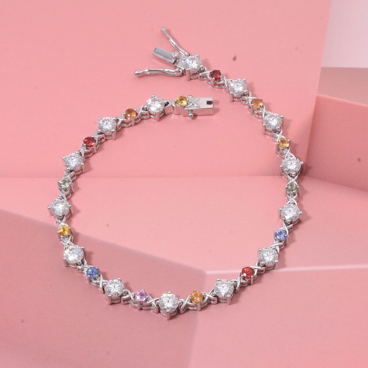 Moissanite and Multi Sapphire 7.40 ctw Art Deco Bracelet in Rhodium Over Sterling Silver (7.25 In) image number 1