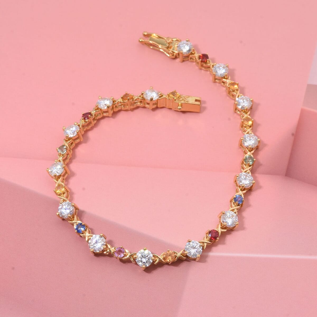 Moissanite and Multi Sapphire 7.40 ctw Art Deco Bracelet in Vermeil Yellow Gold Over Sterling Silver (7.25 In) image number 1