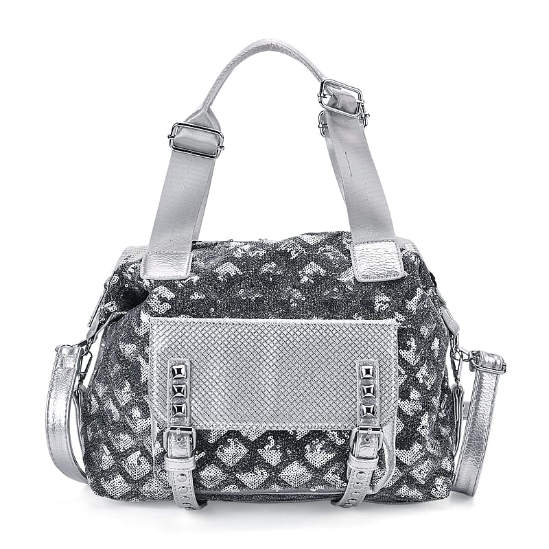 Silver Shiny Faux Leather Crossbody Bag with Detachable Shoulder Strap