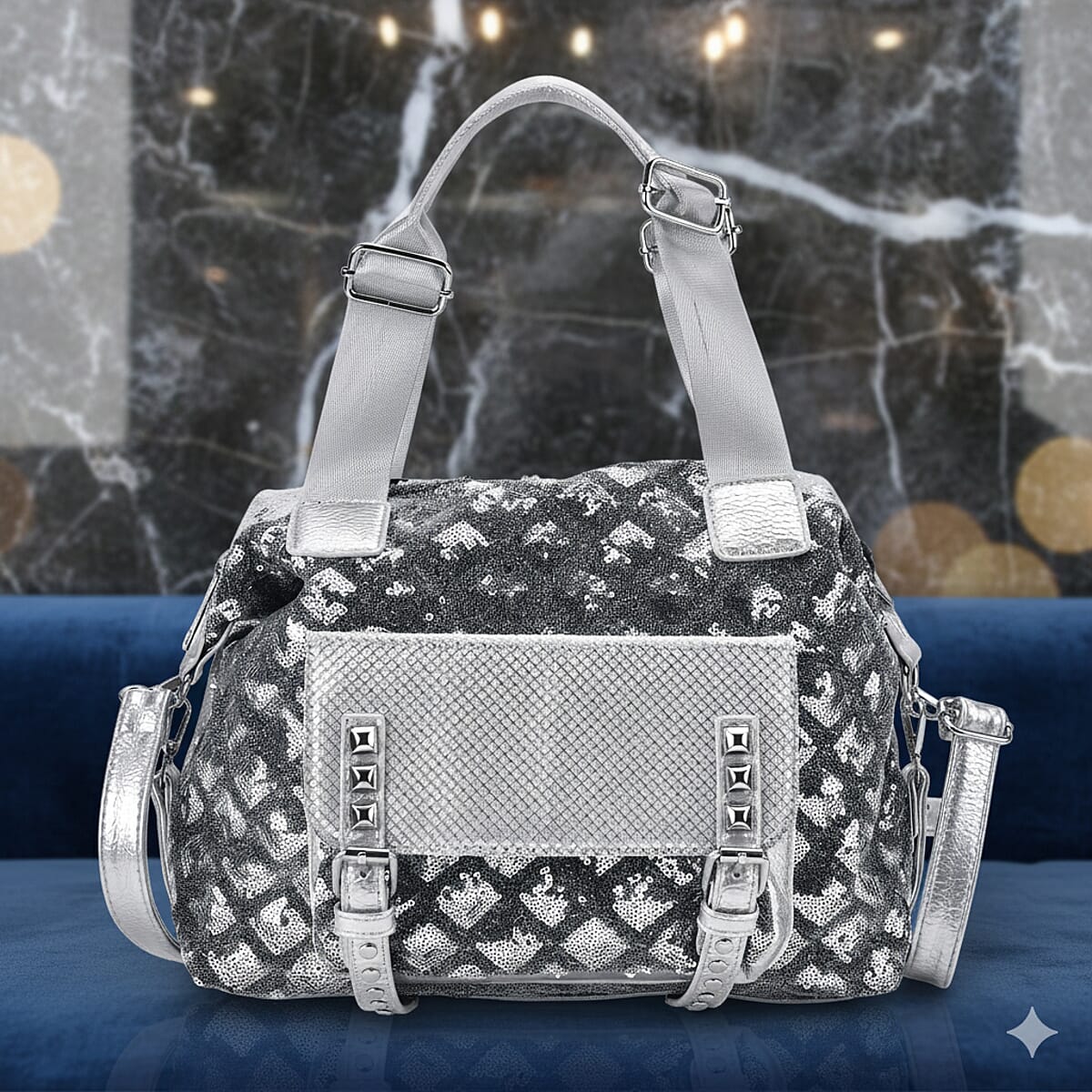 Silver Shiny Faux Leather Crossbody Bag with Detachable Shoulder Strap image number 1