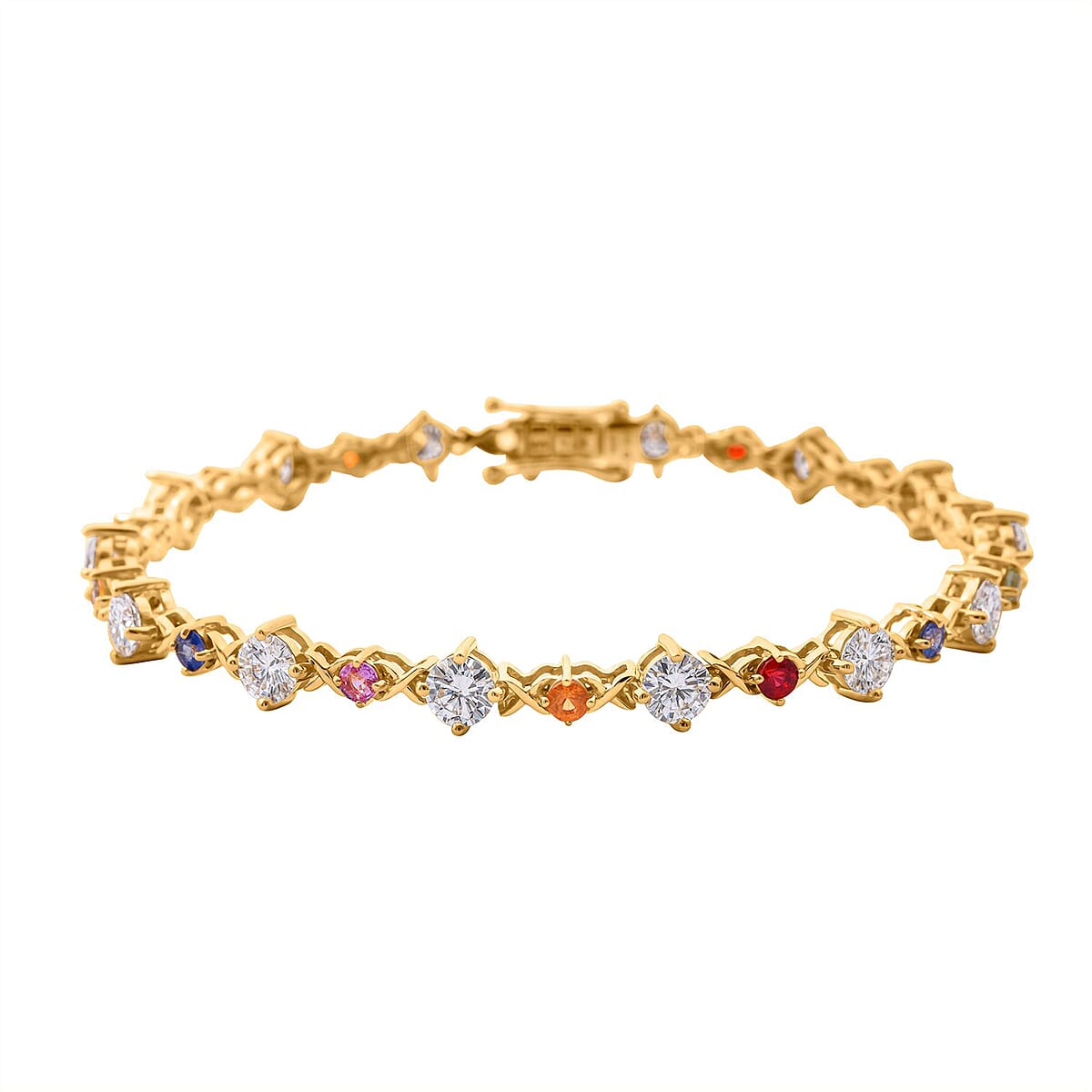 Moissanite and Multi Sapphire 7.90 ctw Art Deco Bracelet in Vermeil Yellow Gold Over Sterling Silver (8.00 In) image number 0