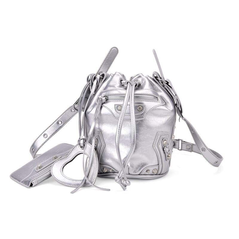 Silver Faux Leather Rivet Drawstring Bucket Bag with Zipper Pouch