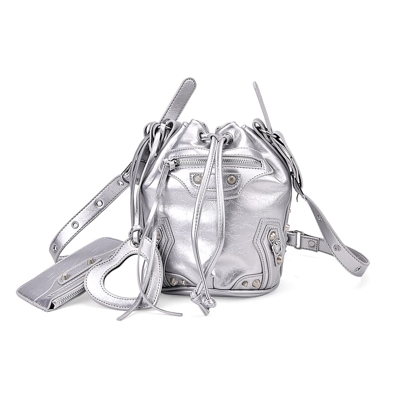 Silver Faux Leather Rivet Drawstring Bucket Bag with Zipper Pouch