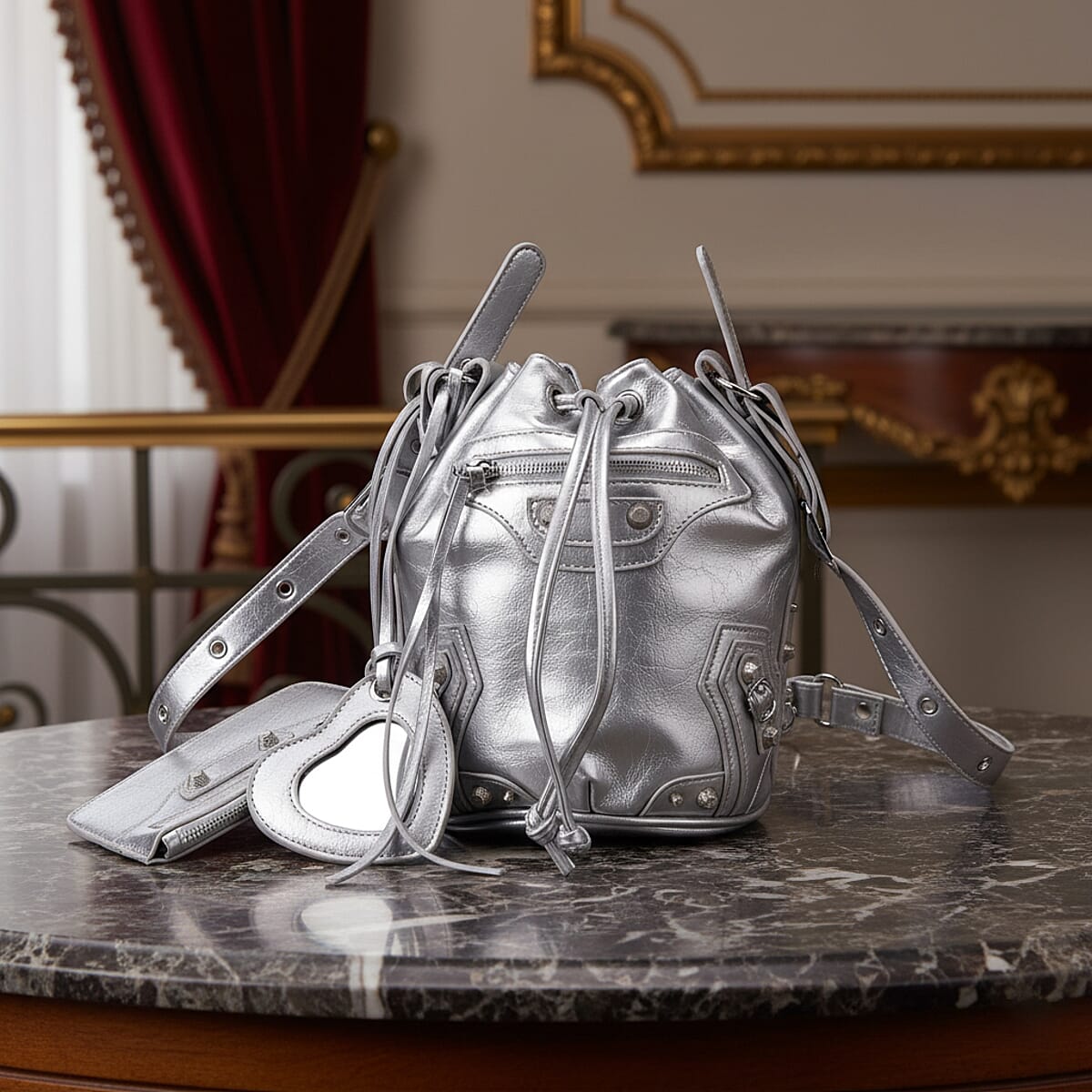 Silver Faux Leather Rivet Drawstring Bucket Bag with Zipper Pouch image number 1