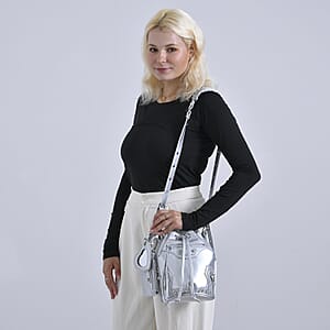 Silver Faux Leather Rivet Drawstring Bucket Bag with Zipper Pouch
