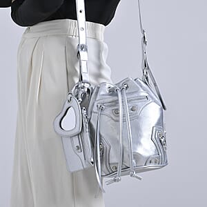 Silver Faux Leather Rivet Drawstring Bucket Bag with Zipper Pouch