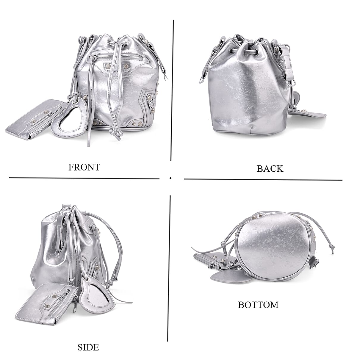 Silver Faux Leather Rivet Drawstring Bucket Bag with Zipper Pouch image number 4