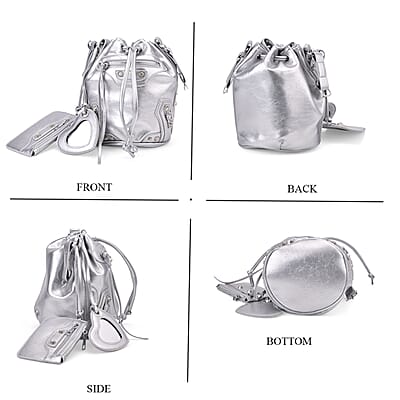Silver Faux Leather Rivet Drawstring Bucket Bag with Zipper Pouch