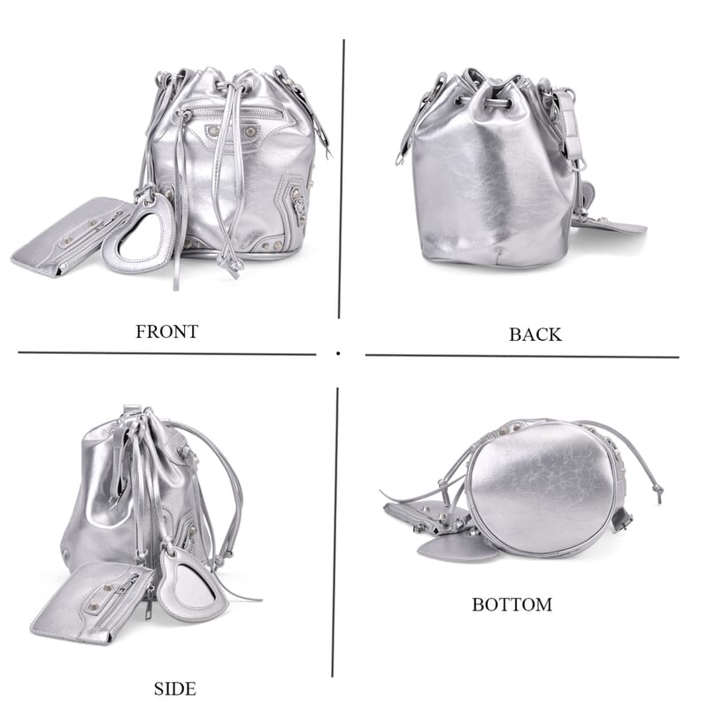 Silver Faux Leather Rivet Drawstring Bucket Bag with Zipper Pouch