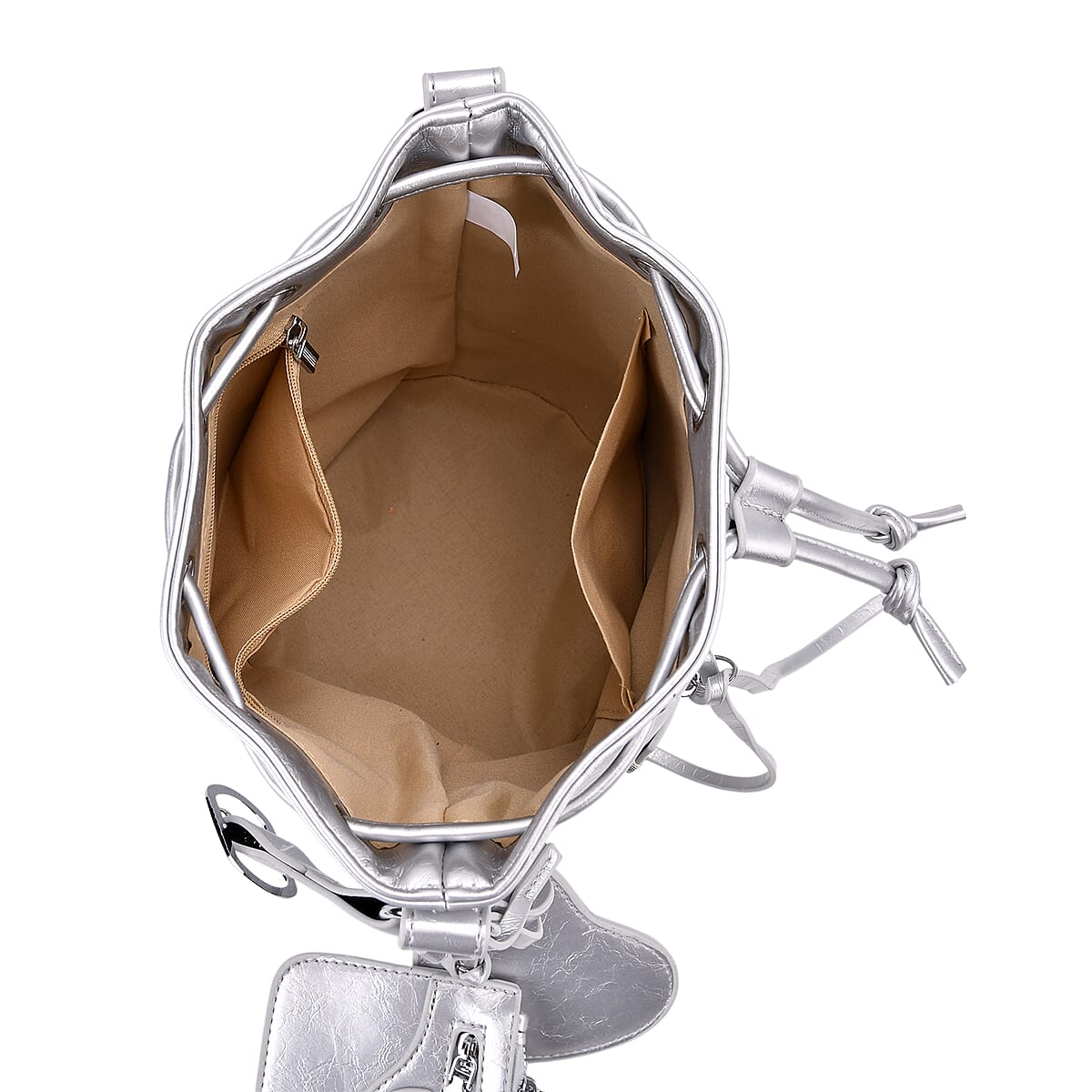 Silver Faux Leather Rivet Drawstring Bucket Bag with Zipper Pouch image number 5