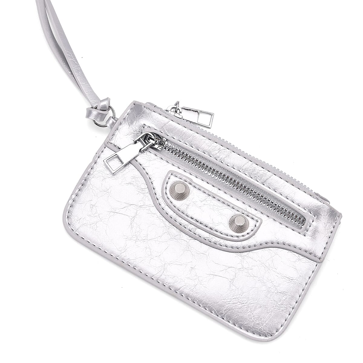 Silver Faux Leather Rivet Drawstring Bucket Bag with Zipper Pouch image number 7