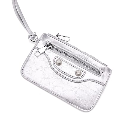 Silver Faux Leather Rivet Drawstring Bucket Bag with Zipper Pouch