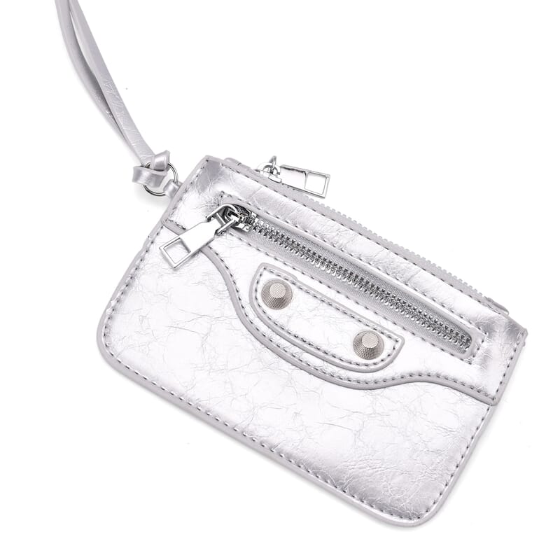 Silver Faux Leather Rivet Drawstring Bucket Bag with Zipper Pouch