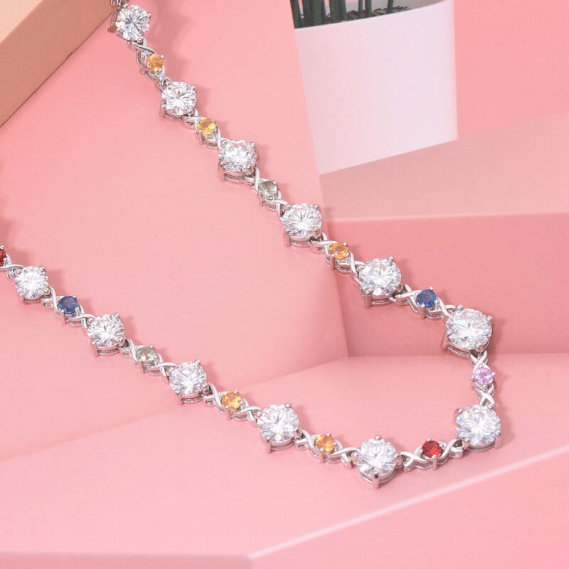 Moissanite and Multi Sapphire 21.30 ctw Art Deco Necklace in Rhodium Over Sterling Silver 18 Inches