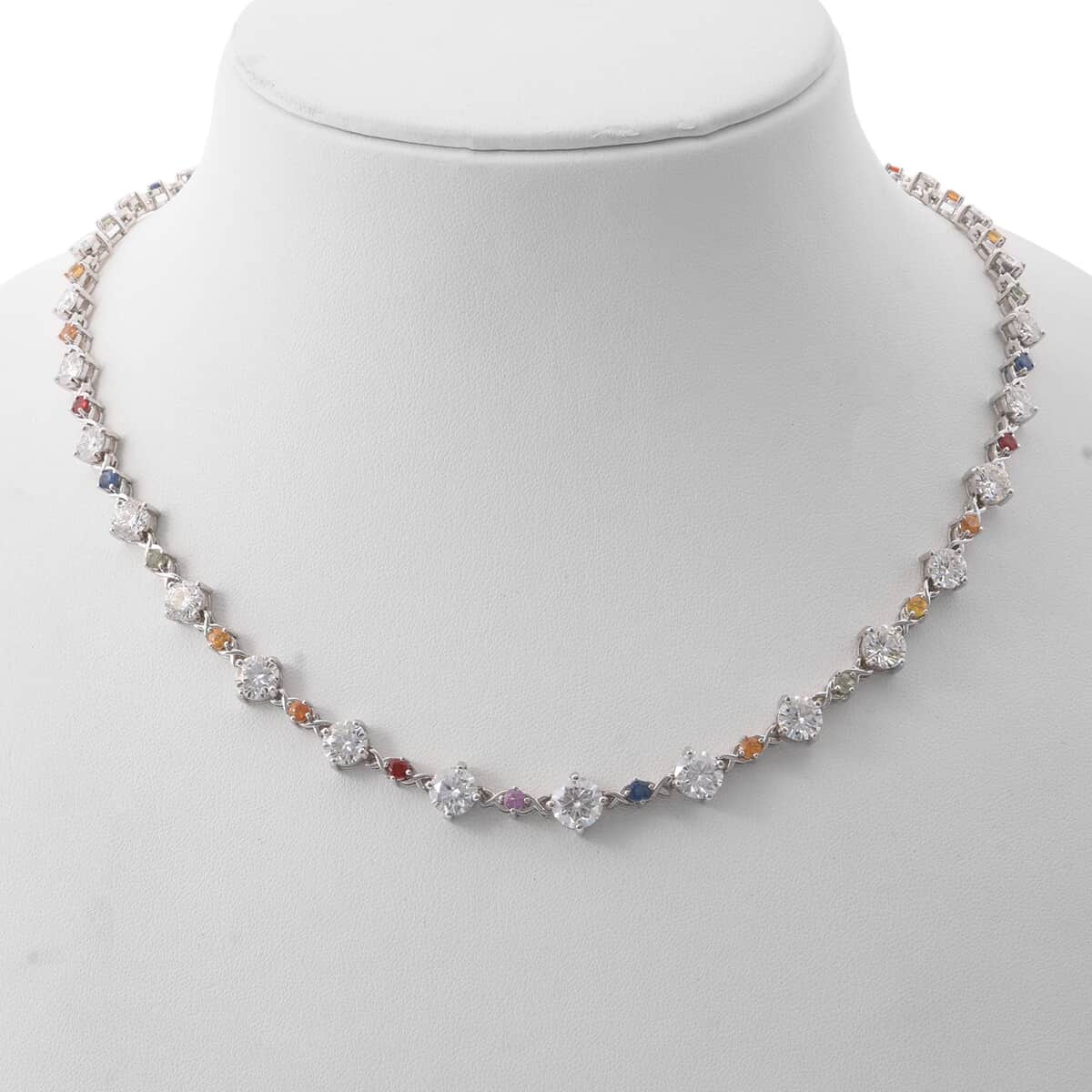 Moissanite and Multi Sapphire 21.30 ctw Art Deco Necklace in Rhodium Over Sterling Silver 18 Inches image number 2