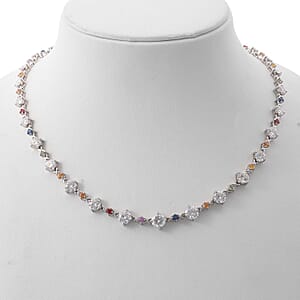 Moissanite and Multi Sapphire 21.30 ctw Art Deco Necklace in Rhodium Over Sterling Silver 18 Inches