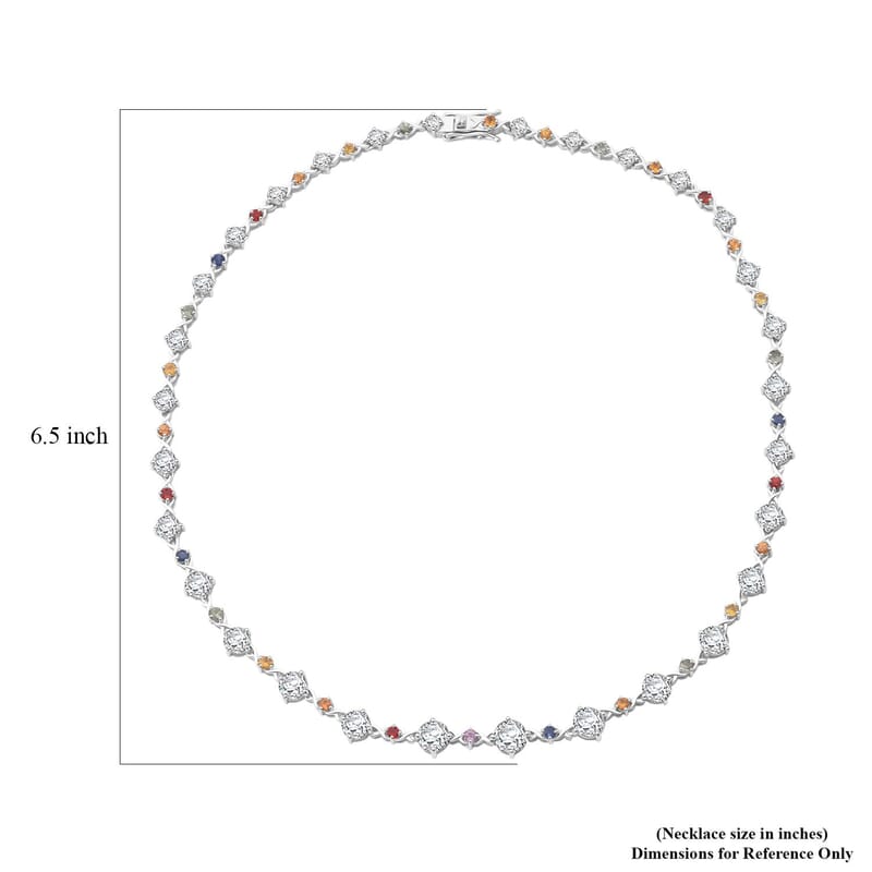 Moissanite and Multi Sapphire 21.30 ctw Art Deco Necklace in Rhodium Over Sterling Silver 18 Inches