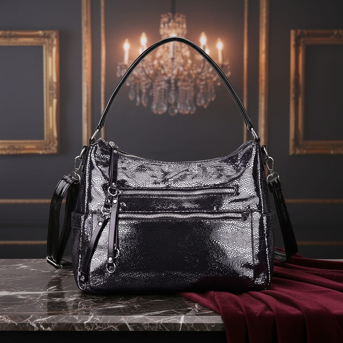 Khaki Dark Purple Faux Leather Crossbody Bag with Shoulder Strap image number 1