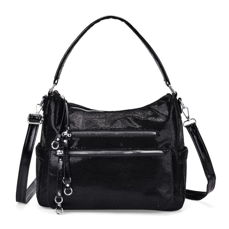 Black Faux Leather Crossbody Bag with Shoulder Strap