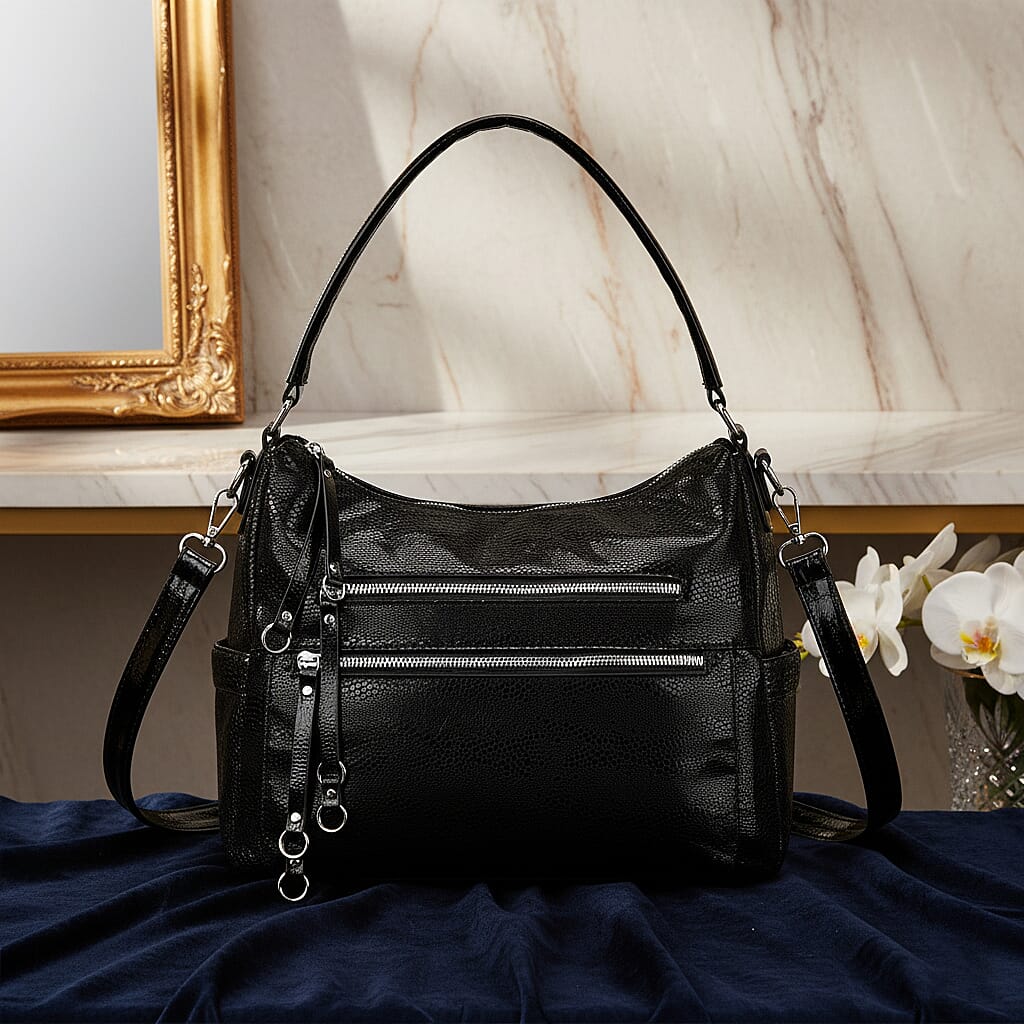 Black Faux Leather Crossbody Bag with Shoulder Strap