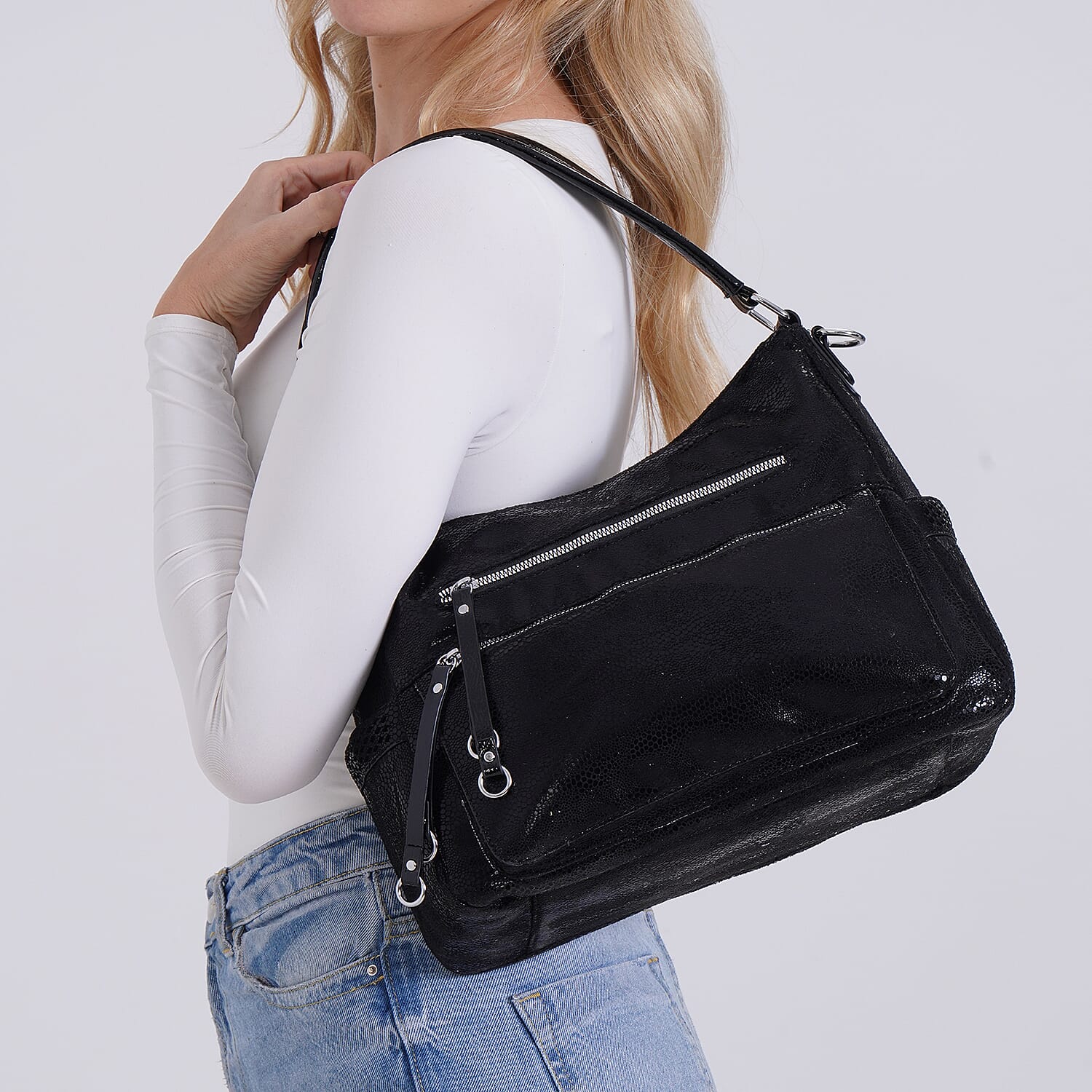 Black Faux Leather Crossbody Bag with Shoulder Strap
