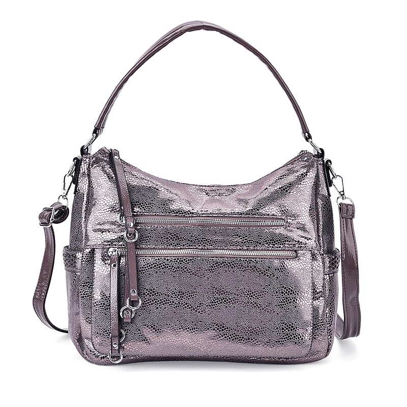 Khaki Shiny Faux Leather Crossbody Bag with Shoulder Strap