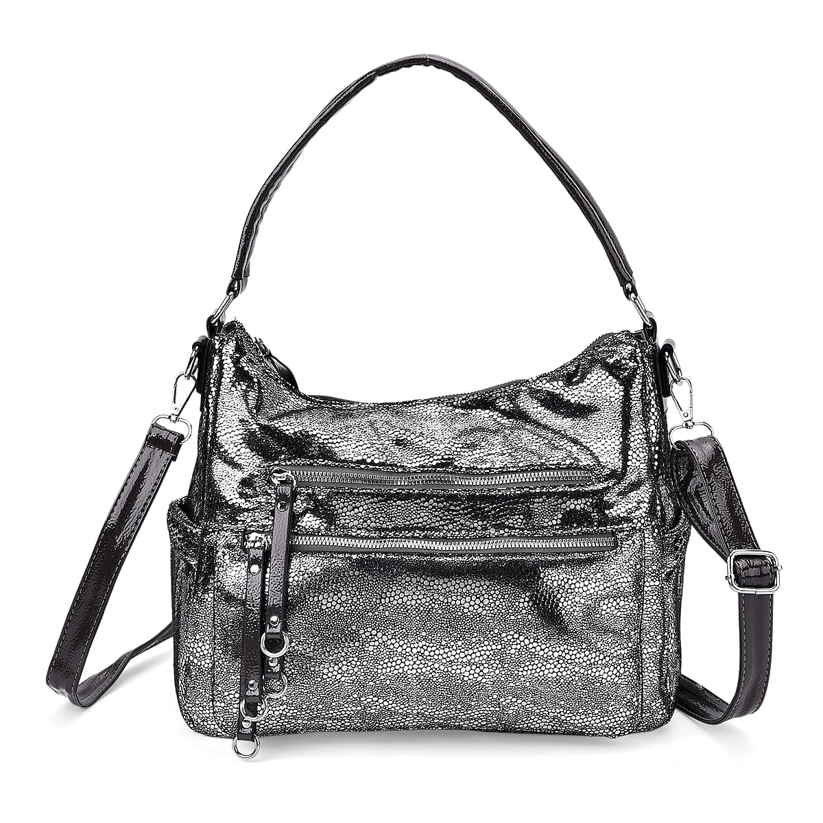 Silver Faux Leather Crossbody Bag with Shoulder Strap image number 0