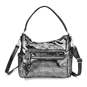 Silver Faux Leather Crossbody Bag with Shoulder Strap
