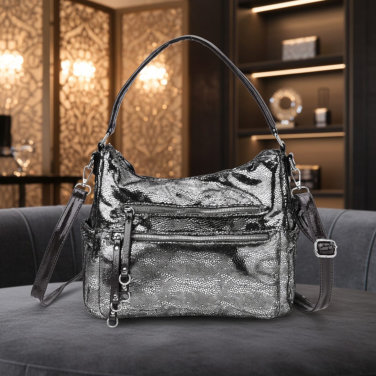 Silver Faux Leather Crossbody Bag with Shoulder Strap image number 1