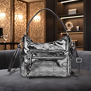 Silver Faux Leather Crossbody Bag with Shoulder Strap