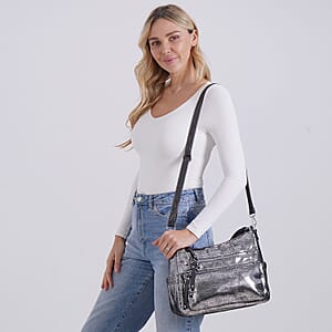 Silver Faux Leather Crossbody Bag with Shoulder Strap