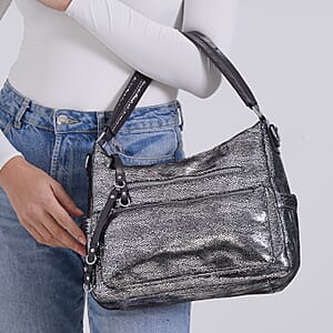 Silver Faux Leather Crossbody Bag with Shoulder Strap