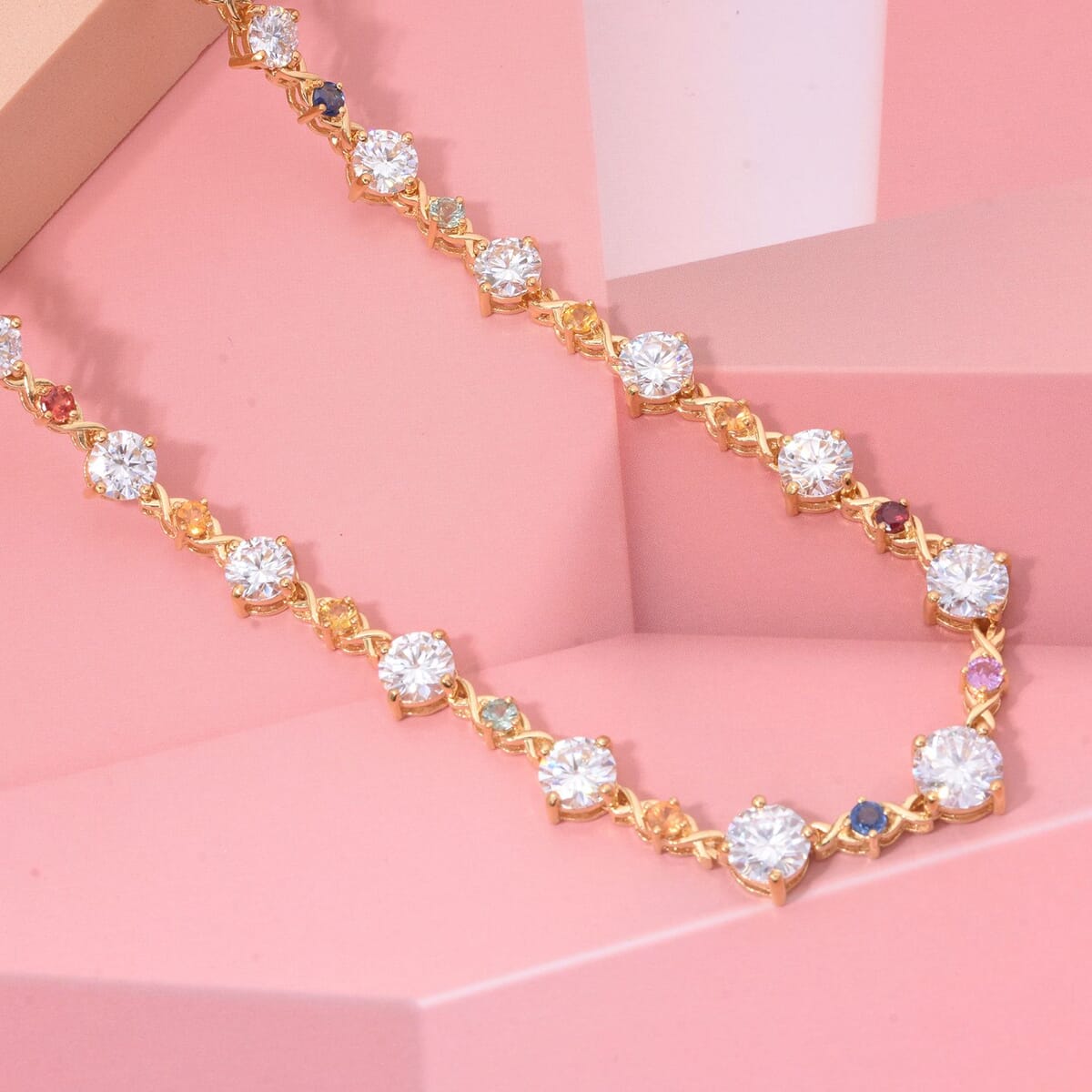 Moissanite and Multi Sapphire 21.30 ctw Art Deco Necklace in Vermeil Yellow Gold Over Sterling Silver 18 Inches image number 1