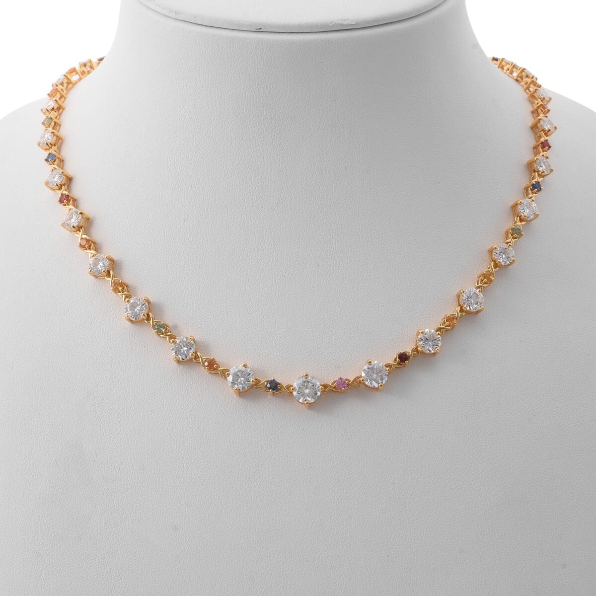 Moissanite and Multi Sapphire 21.30 ctw Art Deco Necklace in Vermeil Yellow Gold Over Sterling Silver 18 Inches image number 2