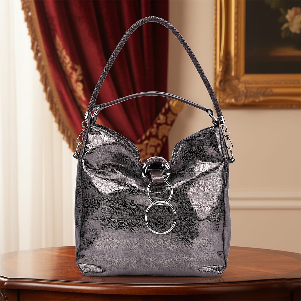 Dark Purple Shiny Faux Leather Crossbody Bag with Shoulder Strap image number 1