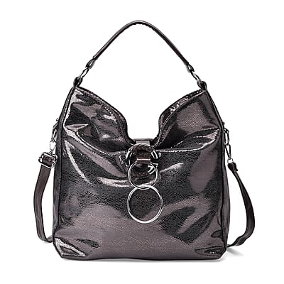 Dark Purple Shiny Faux Leather Crossbody Bag with Shoulder Strap