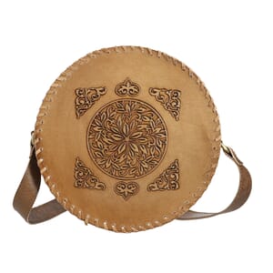Tan Flower Pattern Genuine Leather Round Embossed Sling Bag with Adjustable Shoulder Strap